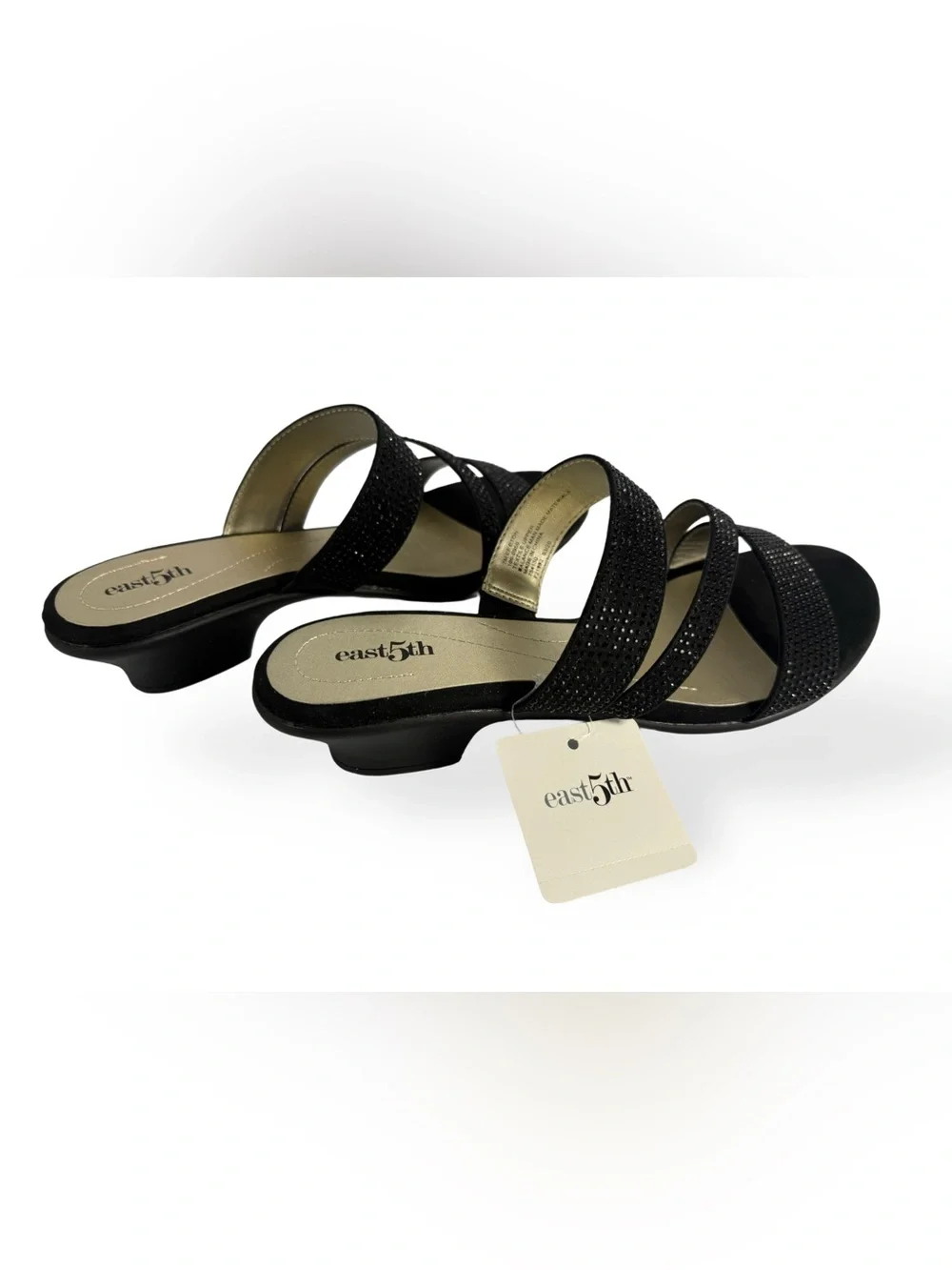 East 5th Black Rhinestone Triple-Strap Slide Sandals
